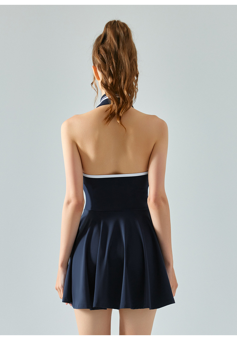 New halter-neck contrasting color lapel sports one-piece dress for women with chest pads, fitness, revealing back and anti-glare tennis dress pic 24