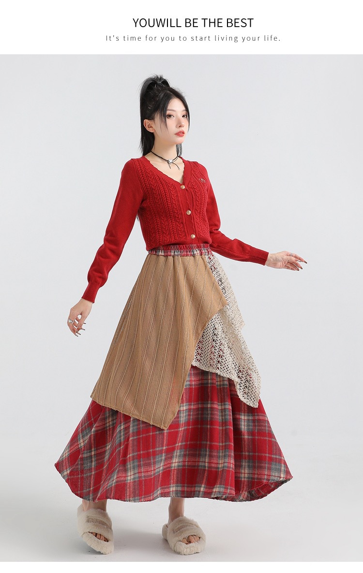 Forest-themed retro checkered skirt for women 2025 new autumn and winter design, irregularly pieced high-waisted A-line long dress pic 24