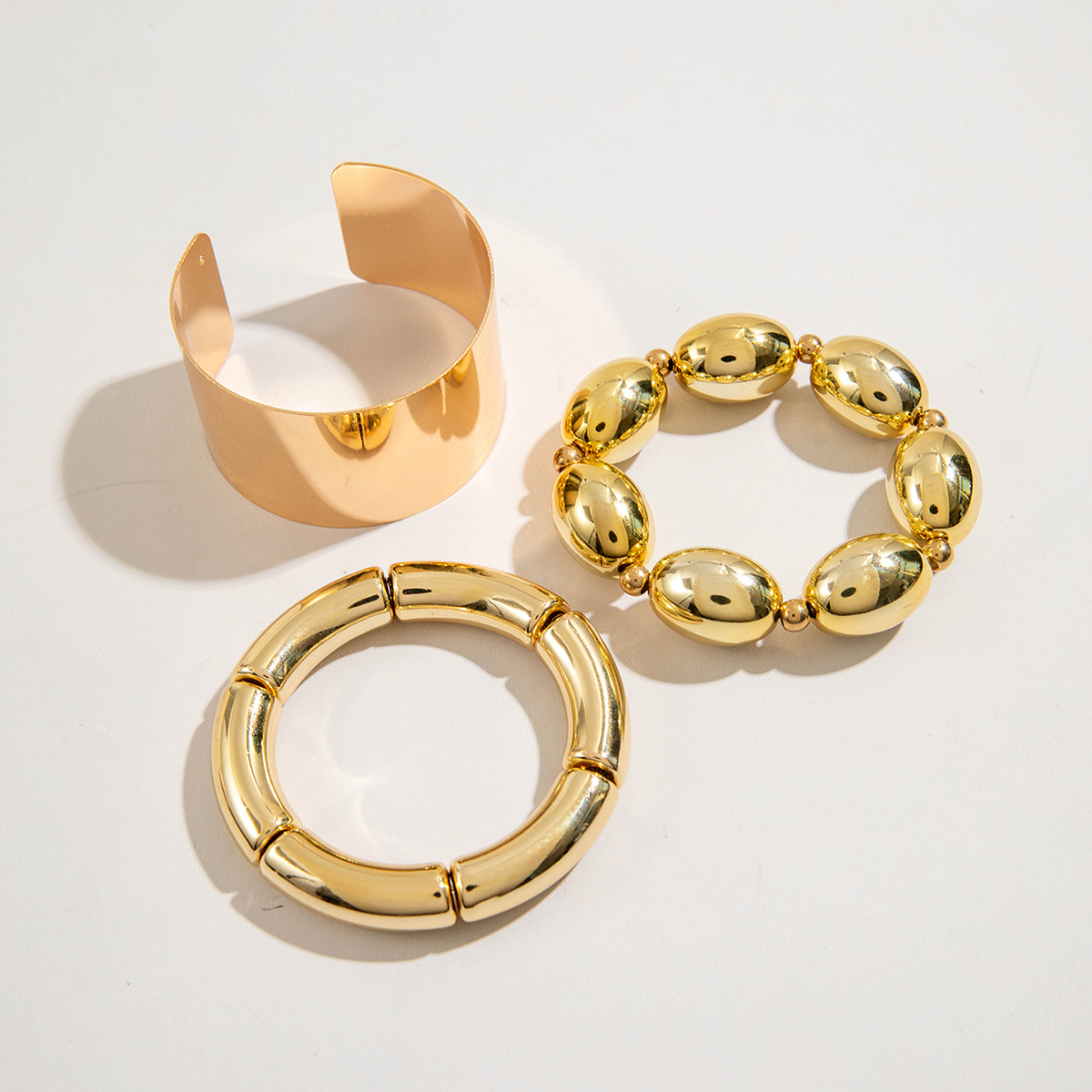 欧美跨境新款多层线条缠绕几何开口手镯套装朋克风波浪形串珠手链详情36