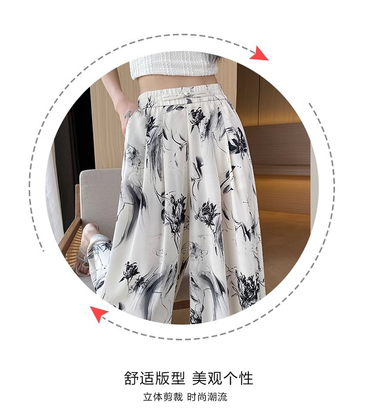 国潮水墨画印花冰丝阔腿七分裤子女夏季薄款2024新款高腰宽松垂感裤裙详情3