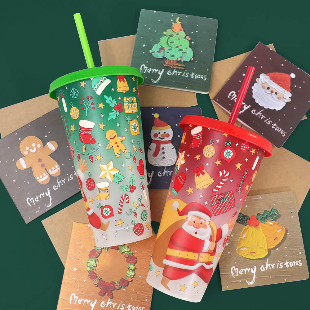 跨境现货圣诞节新款圣诞老人遇冷变色杯 两件套带吸管变色塑料杯详情12