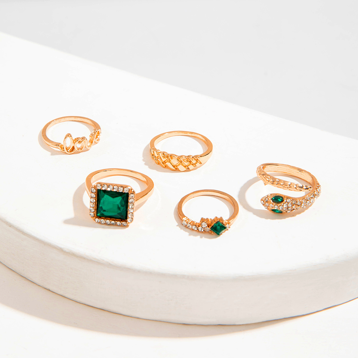 欧美流行饰品戒指手饰 蛇形爱心仿绿宝石镶钻ins风五件套戒指女详情72