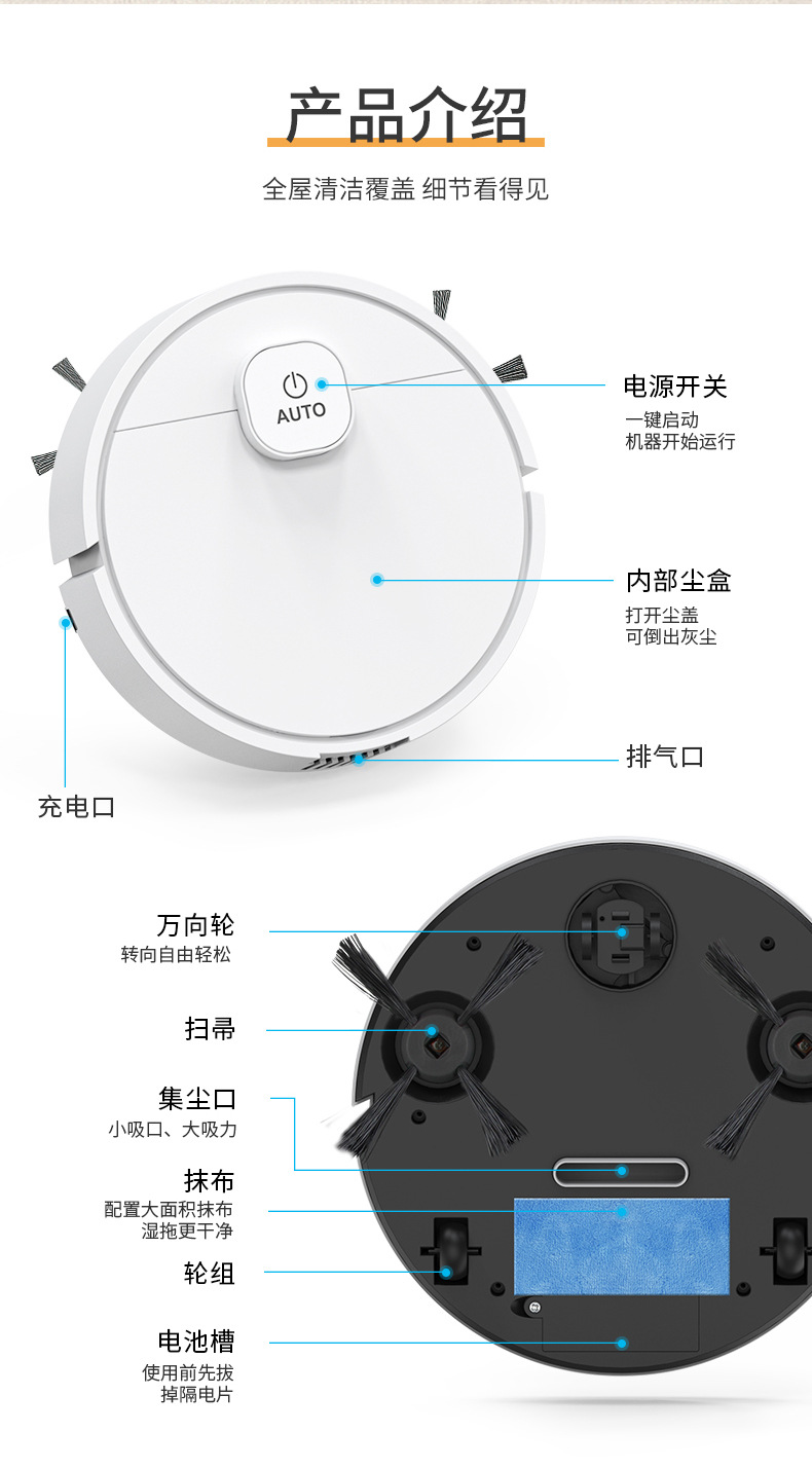跨境扫地机器人创意迷你智能吸尘器家用充电全自动吸扫拖一体批发详情10