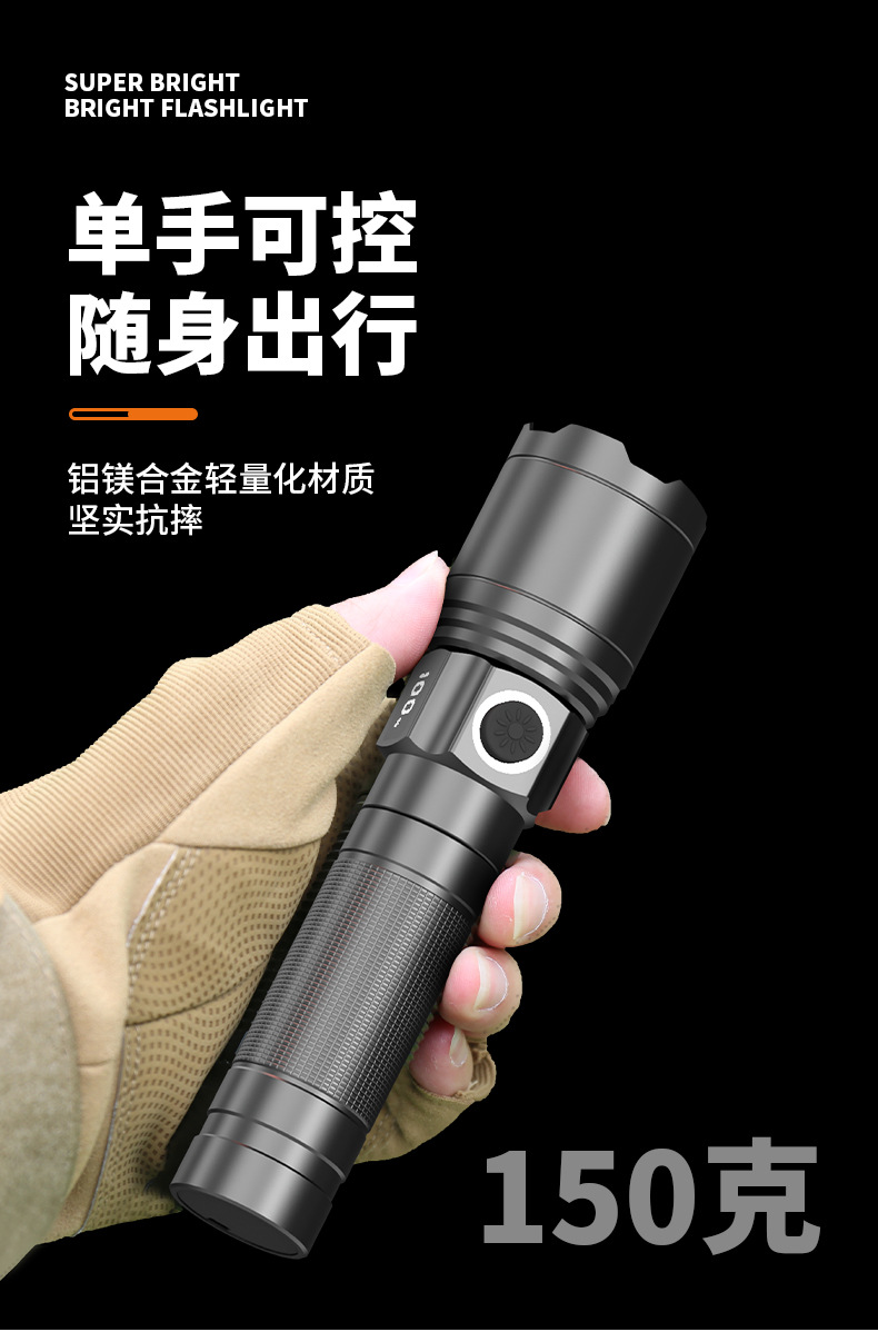 手电筒强光充电超亮家用户外小型便携式迷你变焦远射登山照明灯详情6