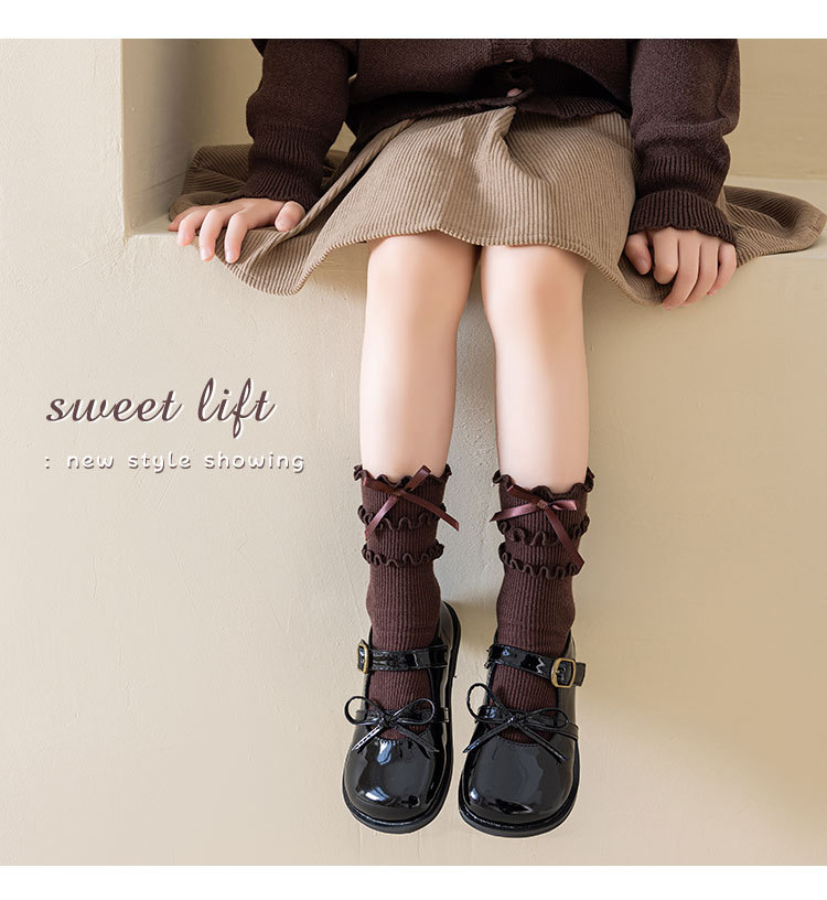 儿童袜子春秋款木耳边堆堆袜可爱蝴蝶结女童洛丽塔花边公主中筒袜详情12