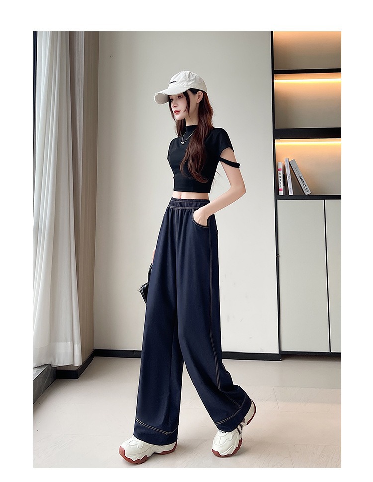 深蓝色明线弯刀高腰显瘦阔腿裤女2025夏季高腰宽松休闲香蕉牛仔裤详情10