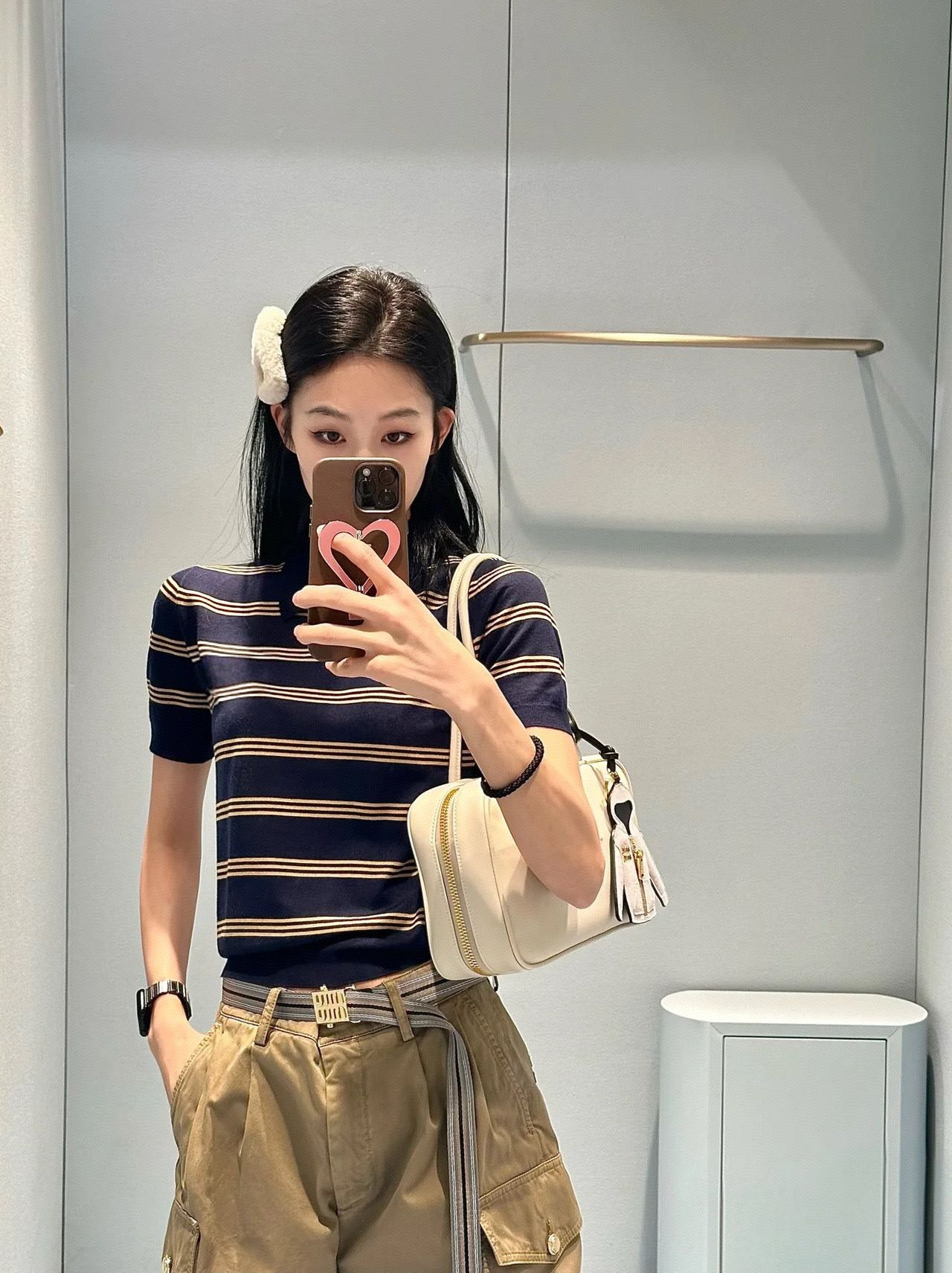 miu系真丝羊毛夏季polo领T恤减龄新款针织衫撞色条纹复古学院风详情12