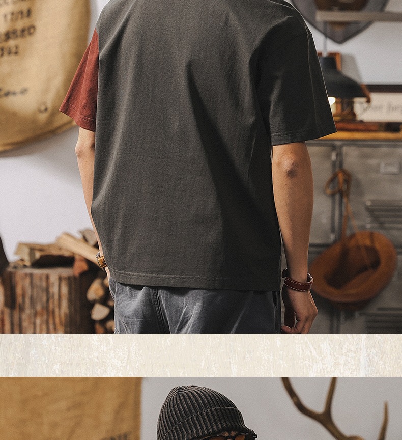 拼接撞色设计短袖男夏季2025新款美式复古重磅T恤男纯棉宽松上衣详情17