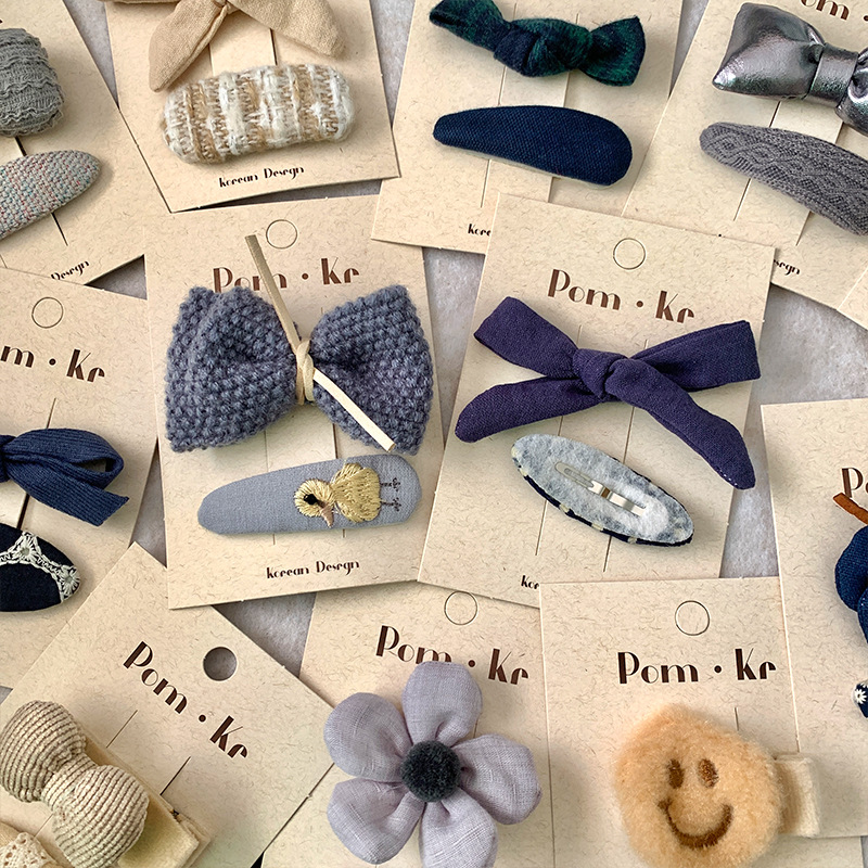 新款韩版布艺蝴蝶结发夹蓝色奶咖系格纹笑脸头饰边夹前额刘海夹详情6