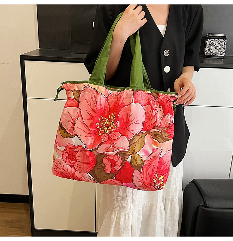 大容量花朵印花单肩包防水购物袋尼龙外出托特包时尚复古手提包详情11
