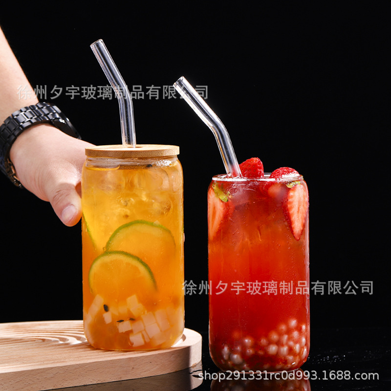 跨境亚马逊新款网红可乐杯16oz梅森杯竹盖玻璃杯饮料果汁杯带吸管详情8