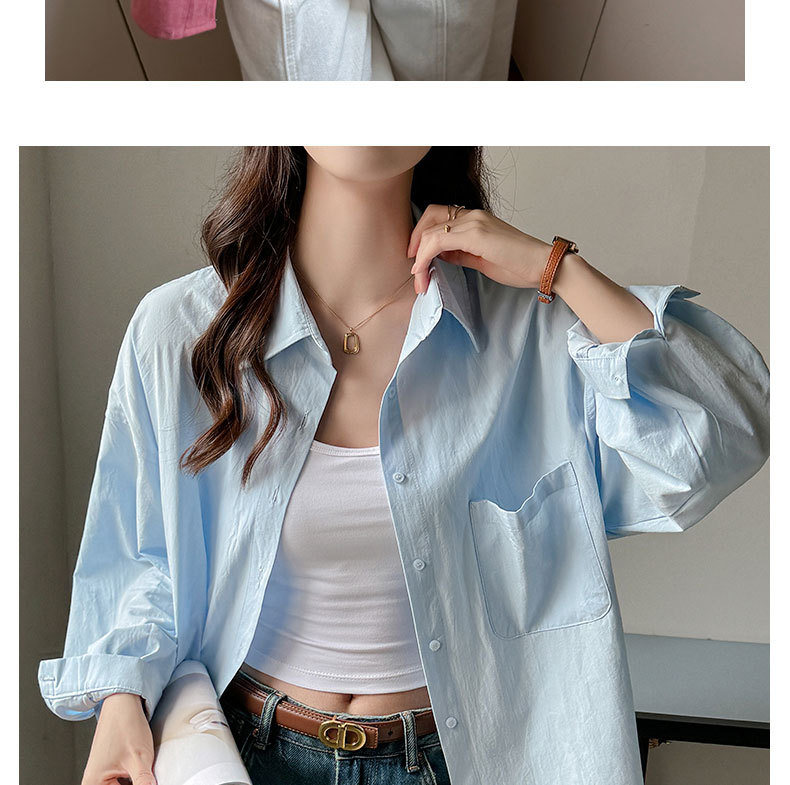 严选夏季新款蓝色韩系衬衫女宽松休闲慵懒风大码女装防晒外套上衣详情17