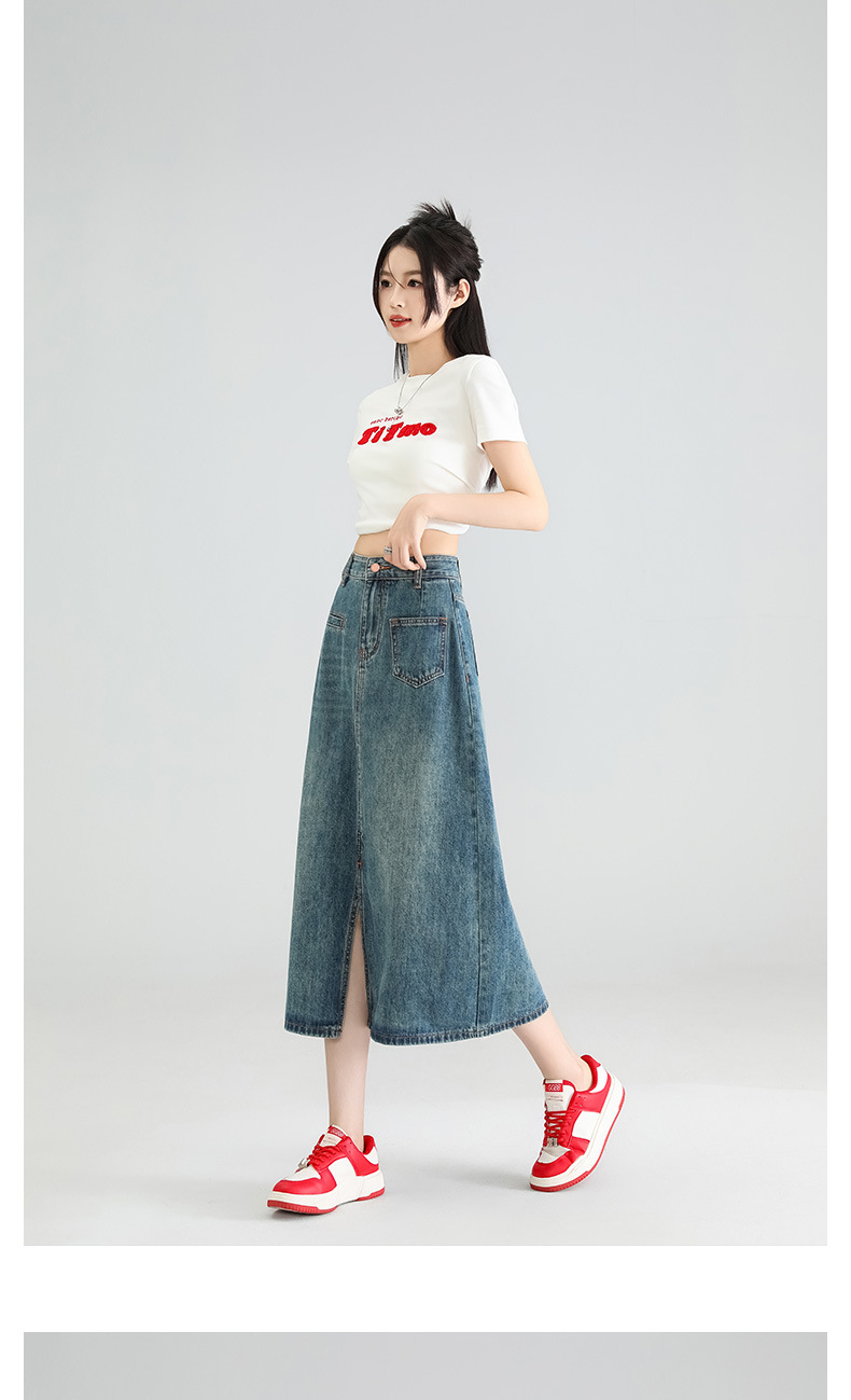 不规则牛仔开衩半身裙女梨形身材小个子高腰显瘦a字中长款包臀裙详情13