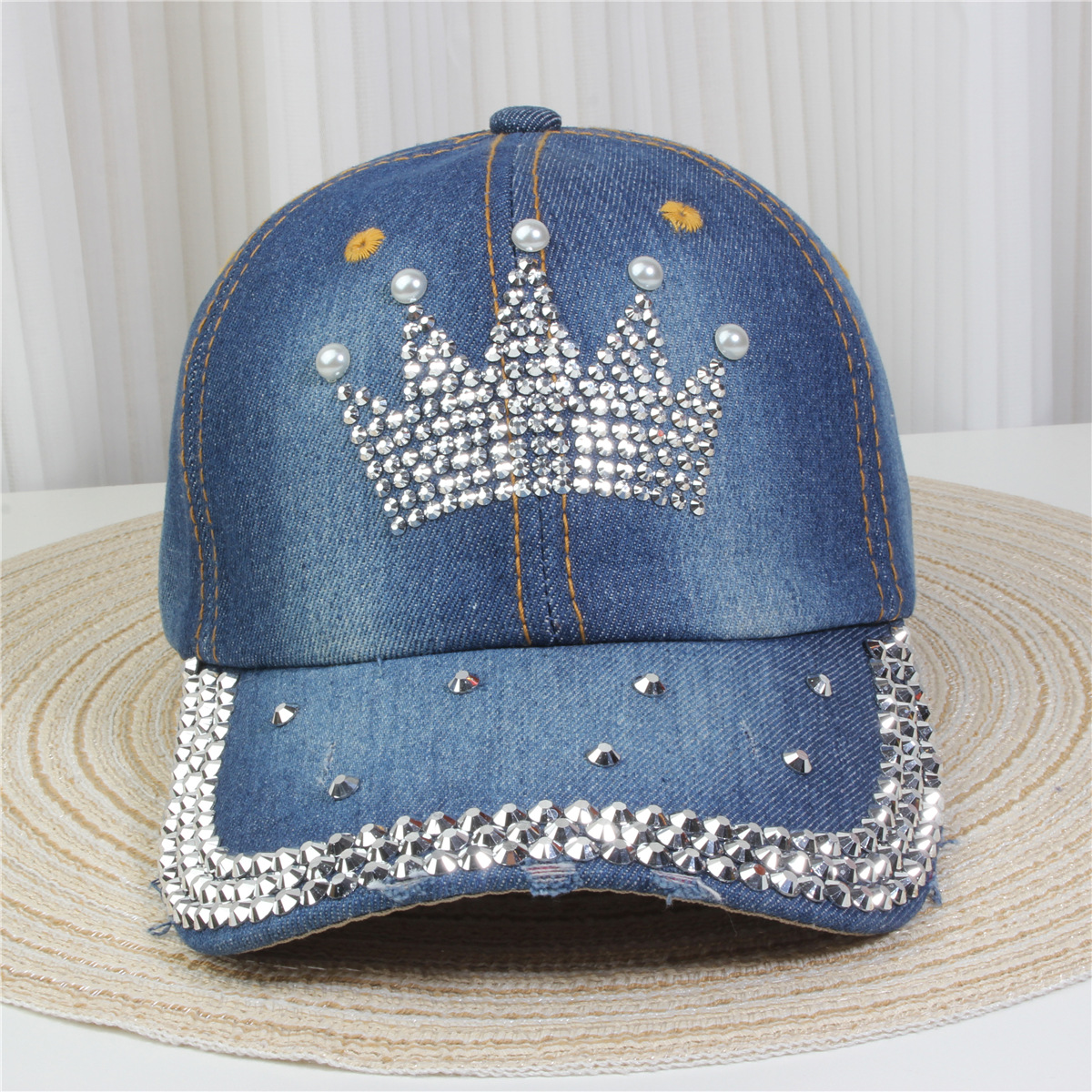 2024新款女士水钻镶钻牛仔布时尚洋气鸭舌帽休闲显脸小成人棒球帽详情12