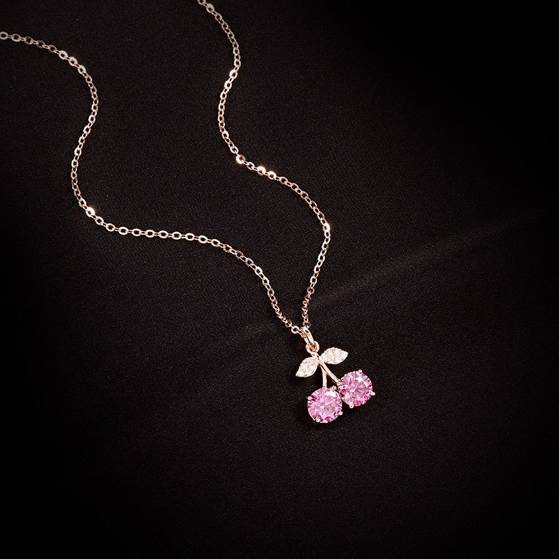 925通体纯银甜美樱桃吊坠玫瑰金粉色莫桑石项链简约百搭夏锁骨链详情6