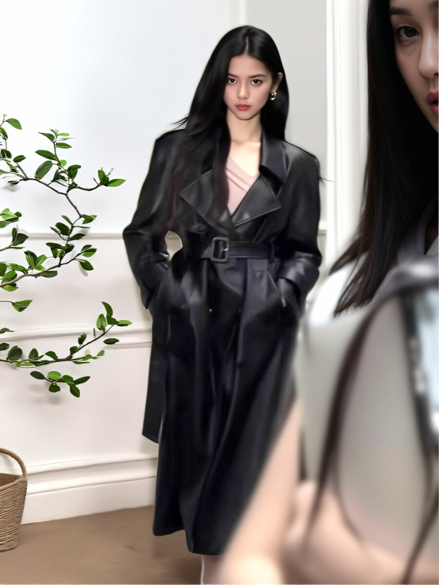 杨超越同款外贸黑色风衣女高级感2024新款长款高个子PU皮外套大衣详情5