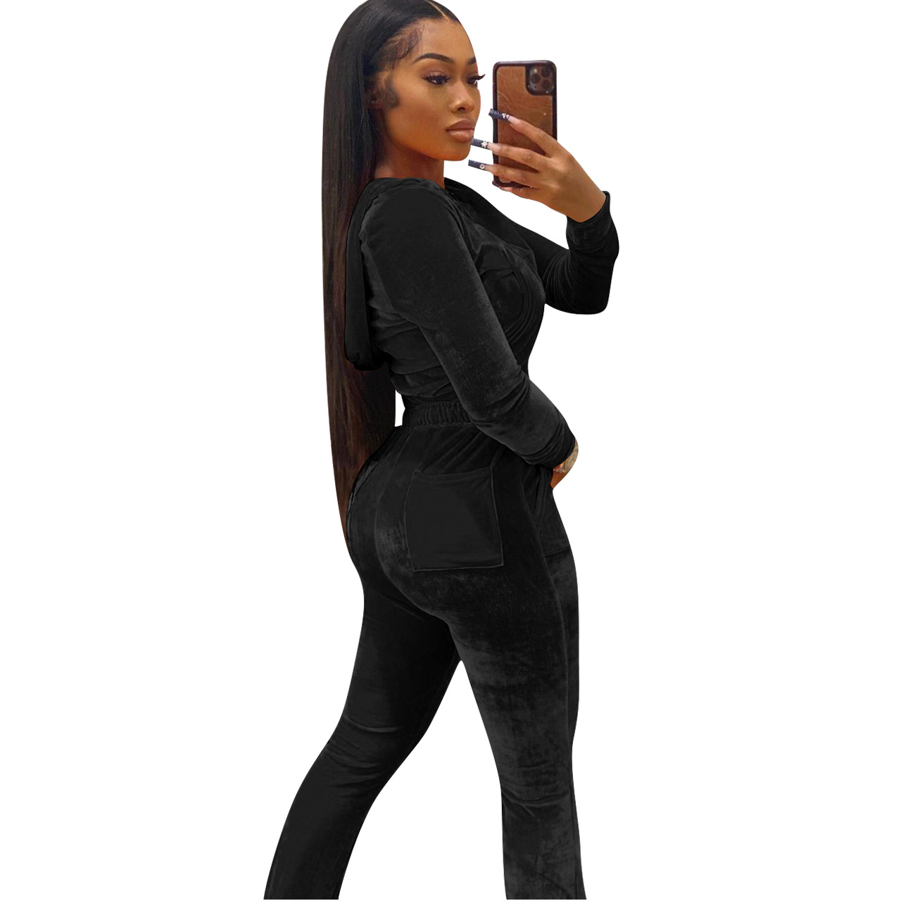 Solid color gold velvet wide-leg pants two-piece set pic 189