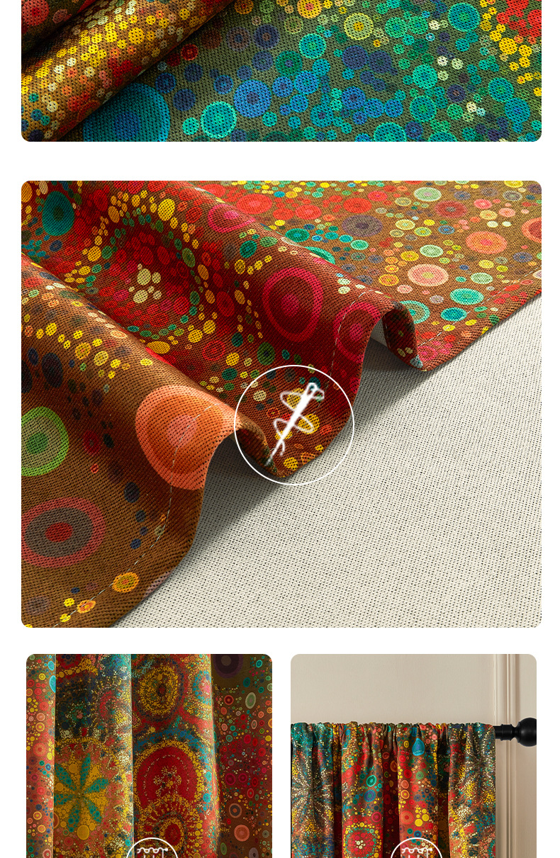 Cross-border trade thickened cotton and linen Bohemian-style polka dot printed bedroom blackout curtains, sun protection, heat insulation and sunshade fabric pic 5