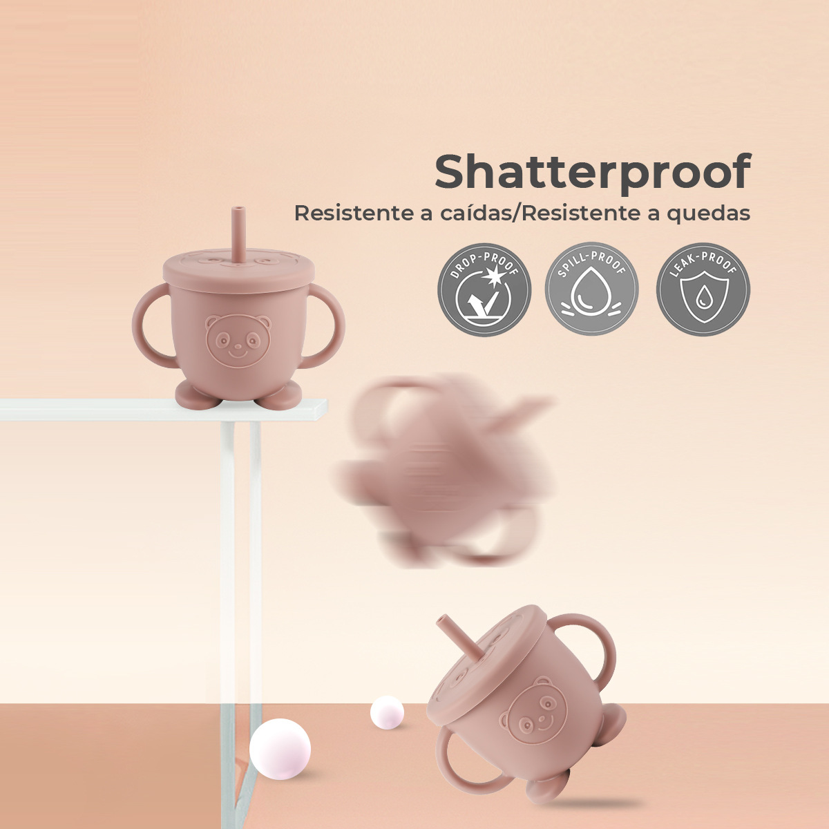 宝宝学饮杯食品级硅胶双耳吸管杯耐摔耐高温小熊猫杯子喂养水杯详情6