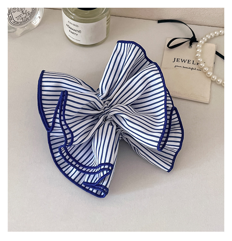 韩式蓝色条纹双层大肠发圈女时尚低马尾发绳学院风头绳皮筋头饰品详情12