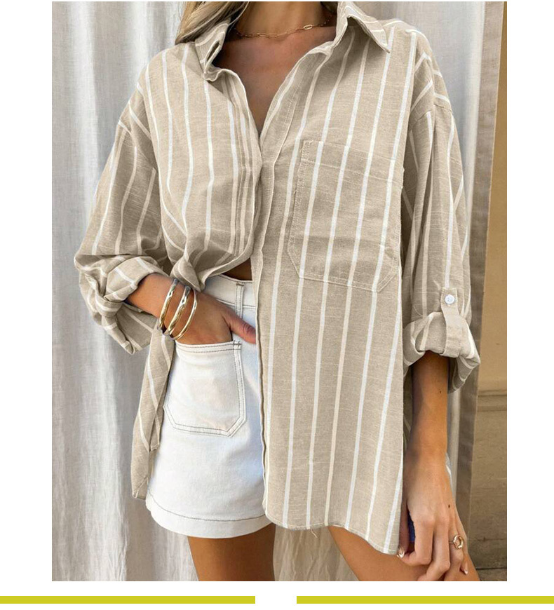跨境亚马逊欧美条纹衬衫女2025新款气质百搭长袖衬衣开衫宽松女装详情4