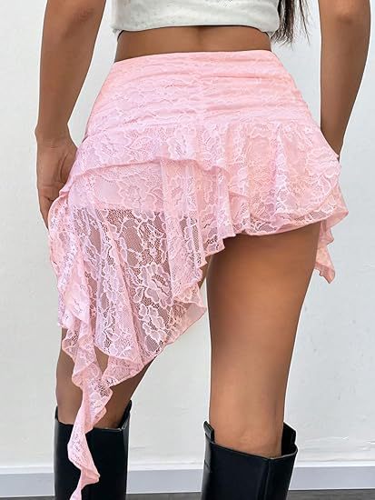 2026 Y2K Lace mini skirt, low-waisted pleated ruffled short skirt, layered flowing asymmetrical half skirt pic 3