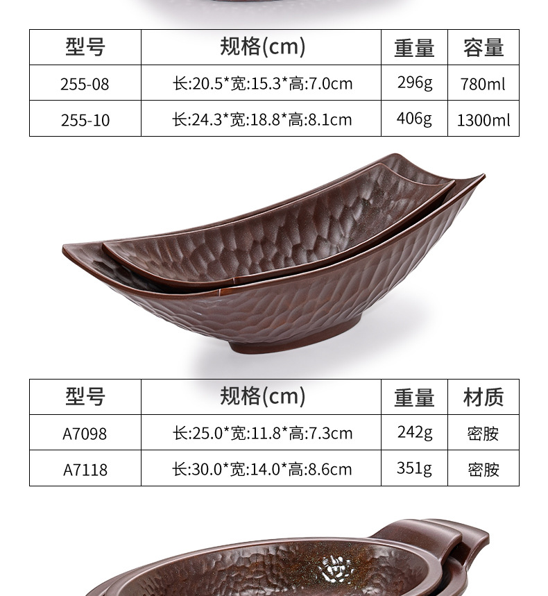 Melamine plates, imitation porcelain boat-shaped tableware, hot pot side plates, retro Japanese rectangular deep plates, commercial use pic 8