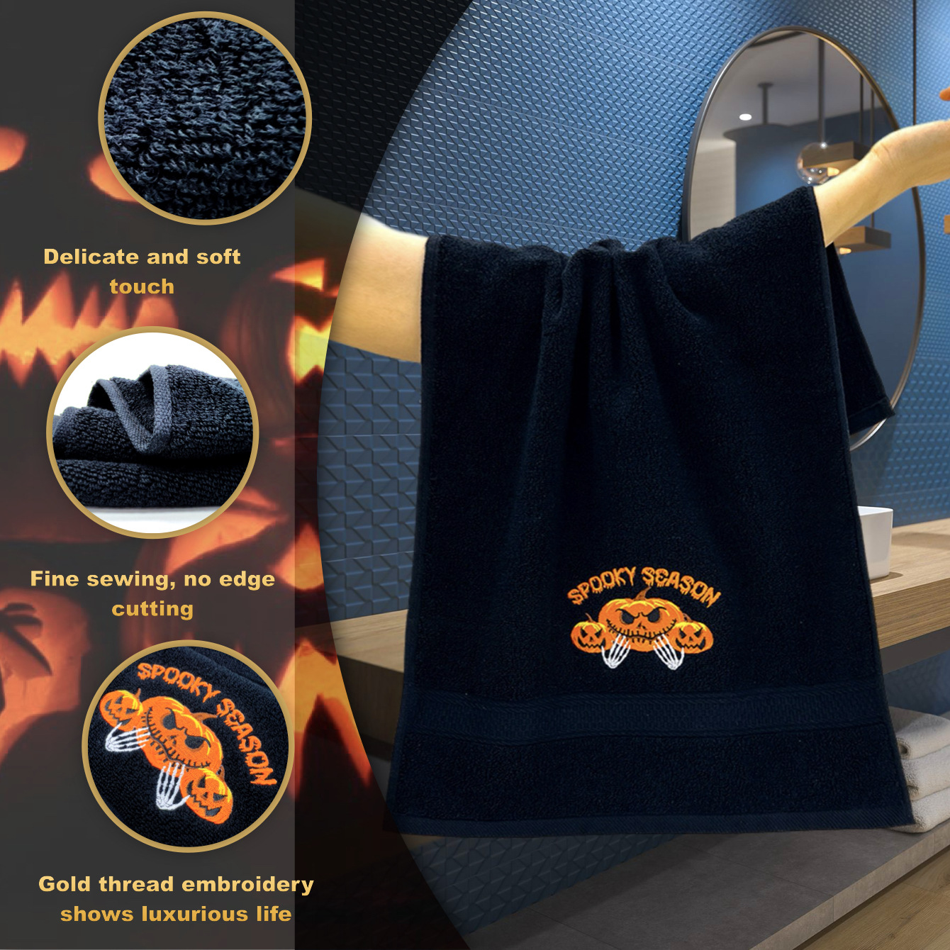 跨境批发纯棉毛巾浴巾四条装 全棉吸水刺绣万圣节圣诞节新年礼物详情10