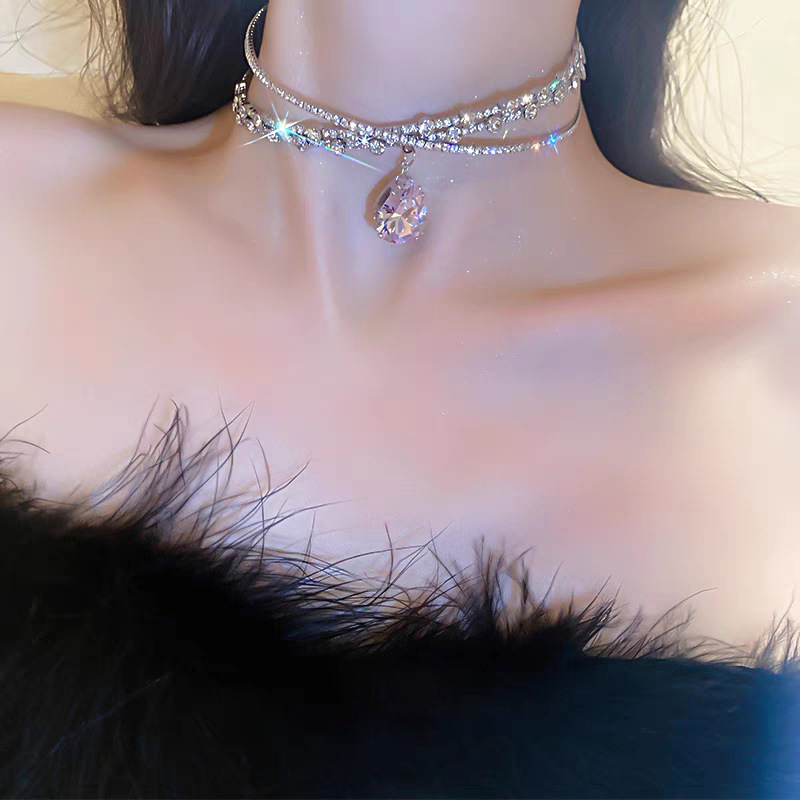 Zircon water drop hairband, large gemstone hairband, headwear, collar, neckband, rhinestone slimming, cross collarbone chain necklace pic 9