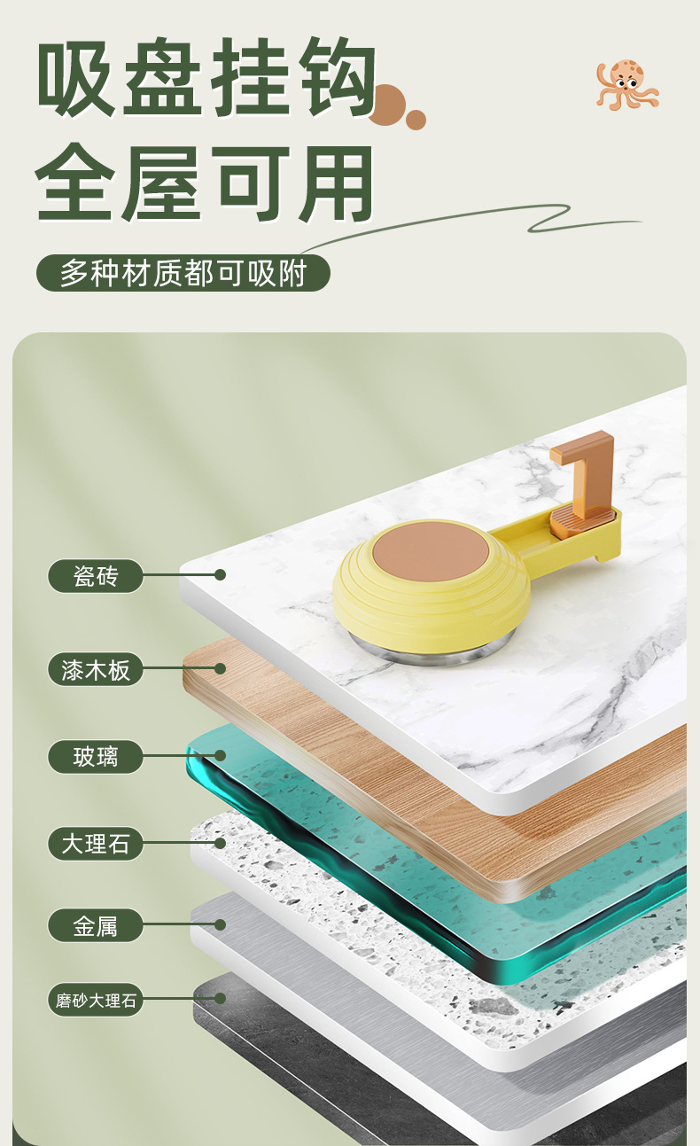 多巴胺按压式强力吸盘挂钩免打孔浴室厨房衣柜挂钩多功能收纳神器详情9