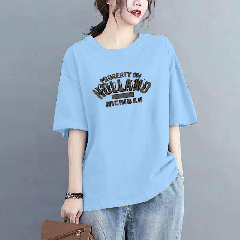 夏季新款100%纯棉短袖t恤女士洋气时尚大码百搭小众圆领宽松上衣详情23