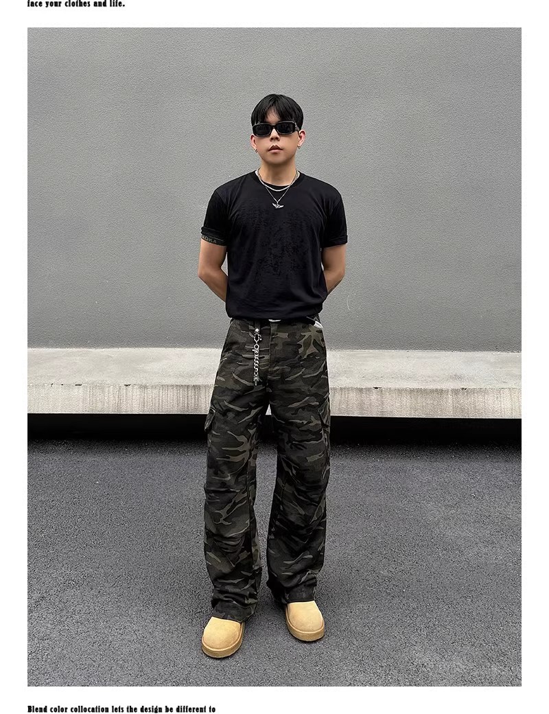 美式复古多口袋阔腿水洗迷彩工装牛仔裤男女小众休闲宽松直筒长裤详情7