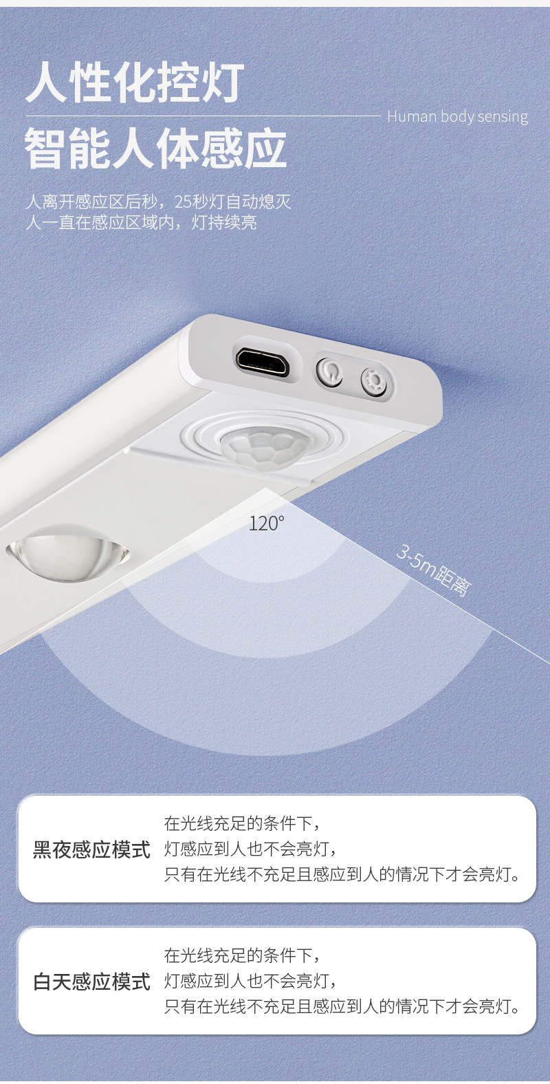 超薄智能led人体感应灯超薄猫眼山丘灯条充电式自粘衣柜酒柜橱柜详情12