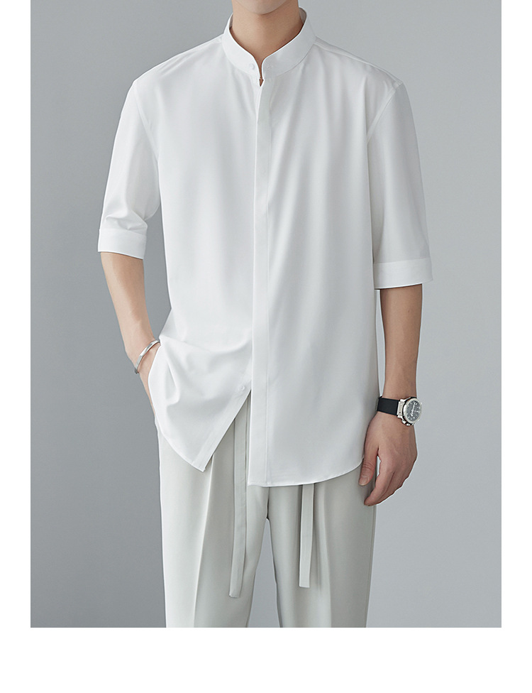 新中式立领中袖衬衫男夏季新款小众冰丝衬衣高级感垂感五分袖寸衫详情2