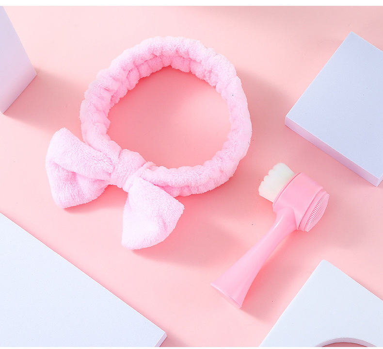 Double-sided facial brush and hair band set, blackhead cleansing brush, coral fleece bow hair band pic 16