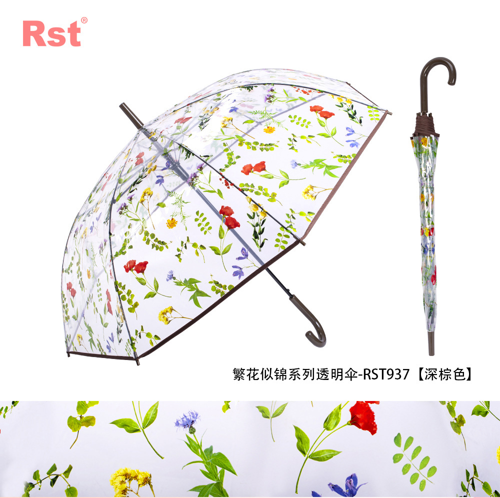 RST新品透明伞带图案富贵花朵成人塑料雨伞批发自动开彩色印刷伞详情16