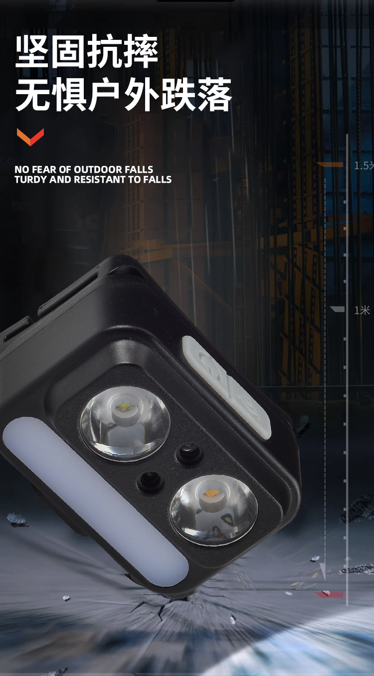 Cross-border smart sensor headlamp, strong light charging, portable yellow, white and red three light sources, long battery life, night fishing light, night running light pic 12