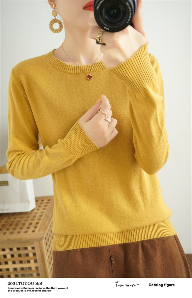 纯棉针织衫女圆领长袖薄款内搭毛衣春秋季上衣宽松套头线衣打底衫详情17