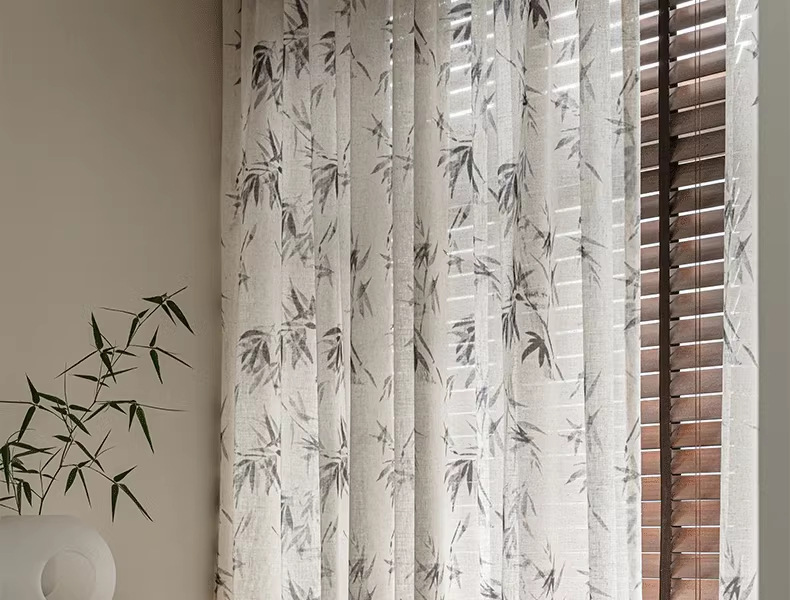 新中式国风印花麻纱水墨竹子高级感法风中古风透光不透人纱帘批发详情12