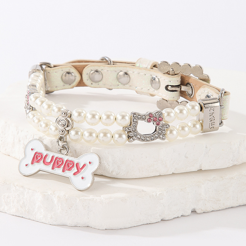 New pet beaded large bone pendant collar, small cat and dog simulation pearl water diamond cat head beaded cat chain necklaces pic 7