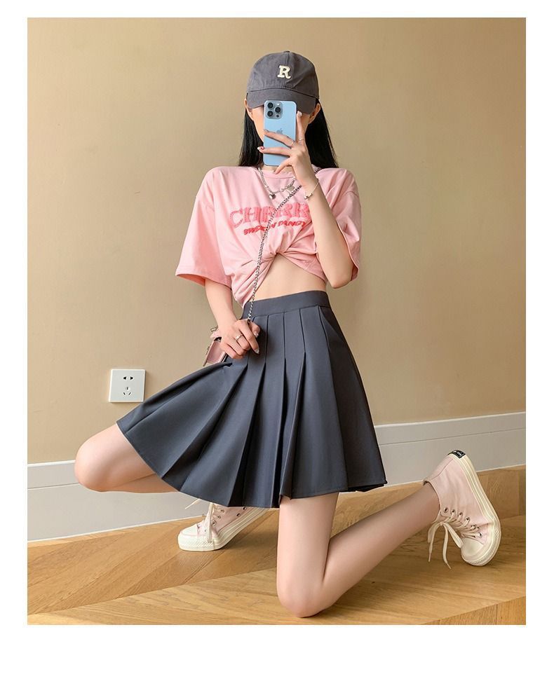 夏季带口袋百褶裙小个子松紧高腰弹力短裙女胖mm大码显瘦半身裙黑详情13