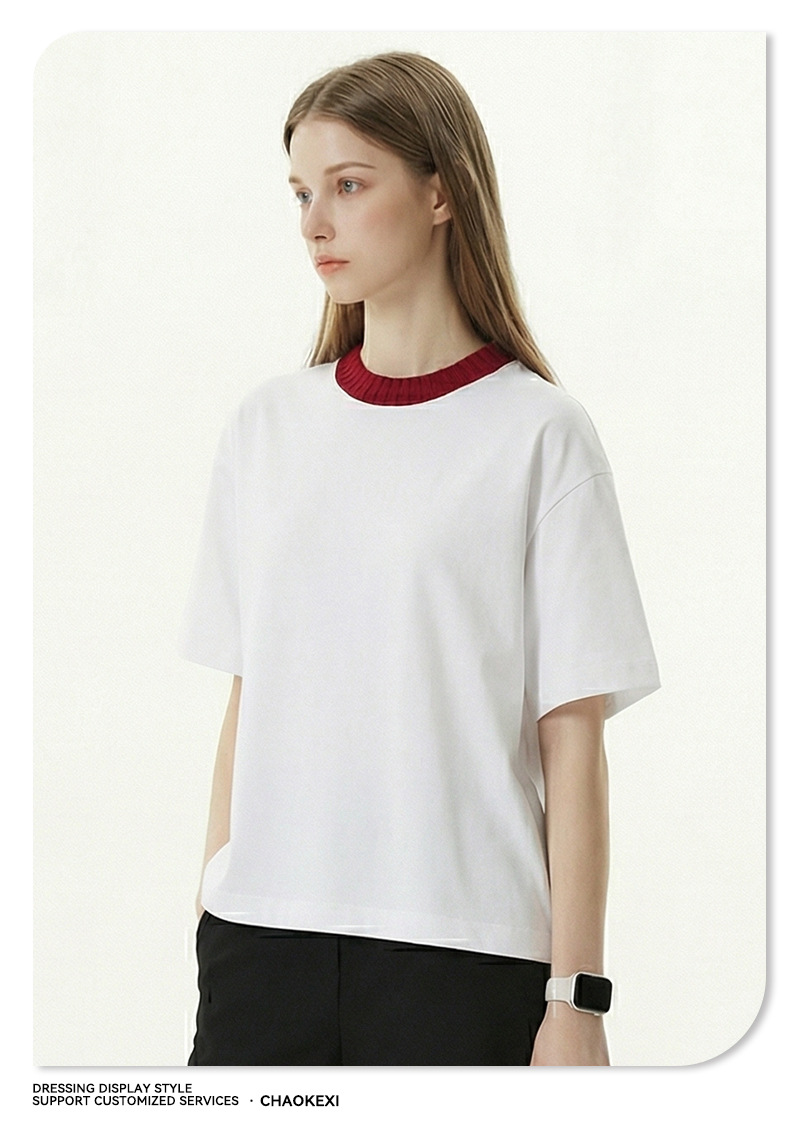 Summer new knitted patchwork color-blocking collar 100% cotton short-sleeved American trendy brand versatile short T-shirt top for men pic 10