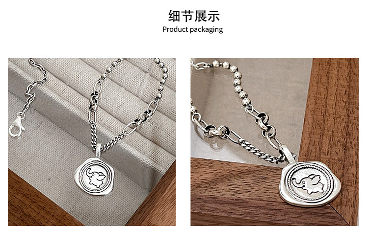 S925纯银复古圆牌小象图章项链女韩风高雅感毛衣链小众饰品精品详情12