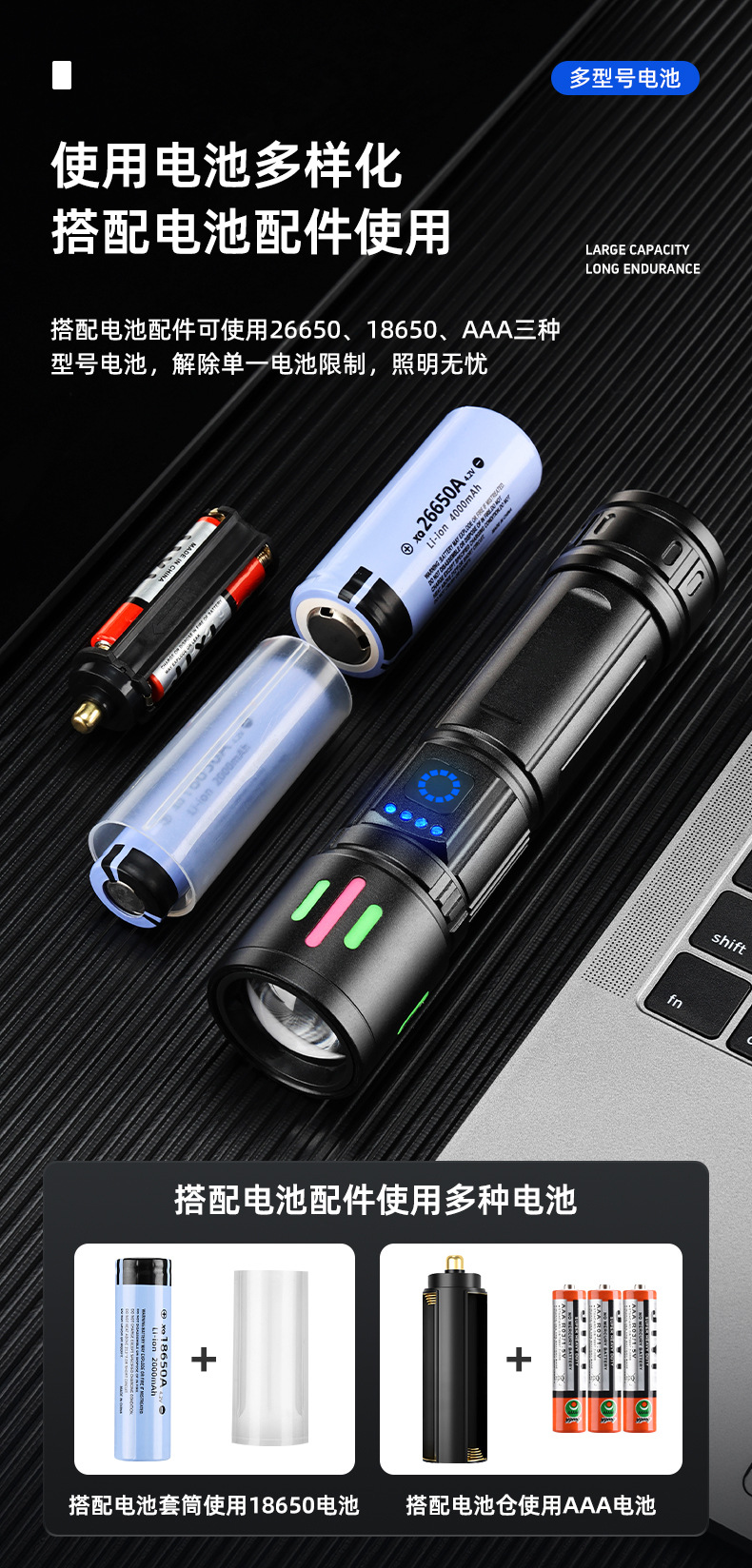 New cross-border white laser flashlight, outdoor portable hiking led strong light flashlight, multi-functional emergency light pic 14