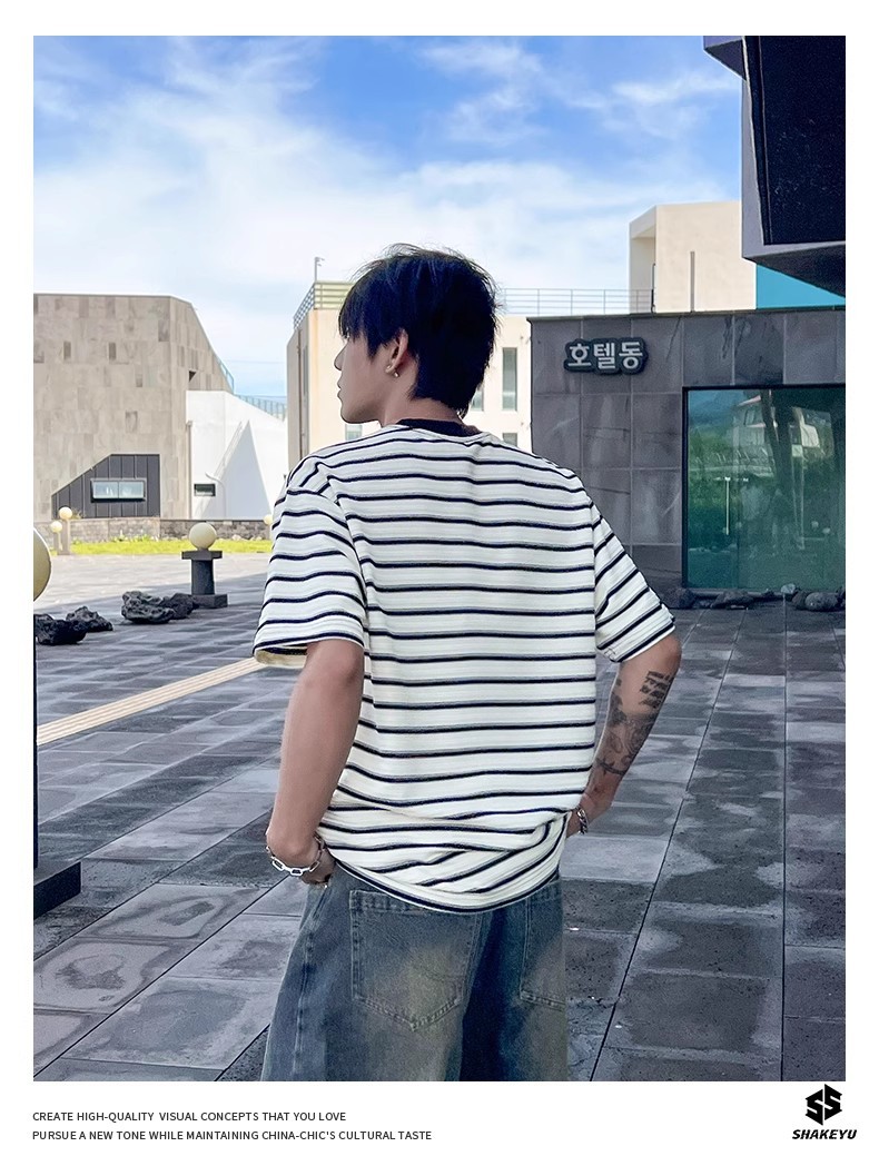 来图打样 定制墨西哥海地危地马拉潮牌条纹休闲情侣T恤超级工厂详情14