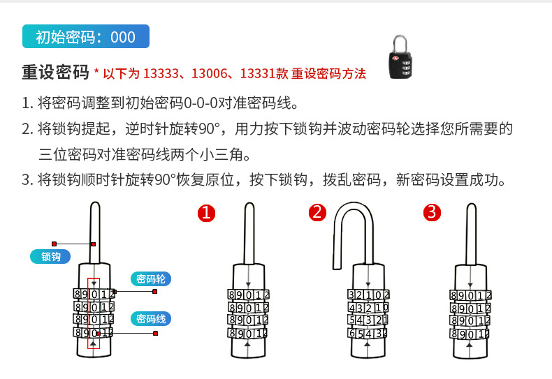 亚马逊爆款TSA海关密码锁 背包行李箱钢丝锁铝合金密码挂锁工厂店详情31