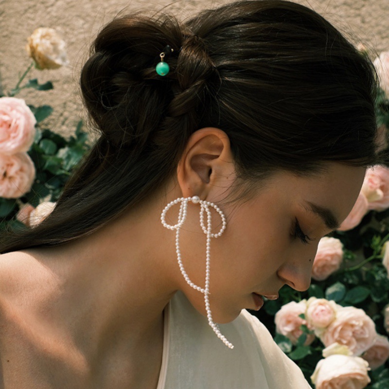 秋冬新手工编织款珍珠蝴蝶结耳钉女s925银针气质小众设计流苏耳环详情6