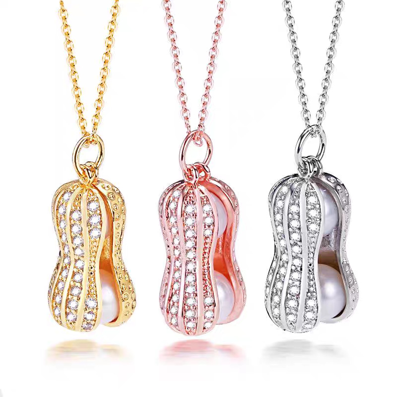 日韩轻奢18K铜微镶满钻花生珍珠吊坠时尚ins个性锁骨链饰品吊坠详情4