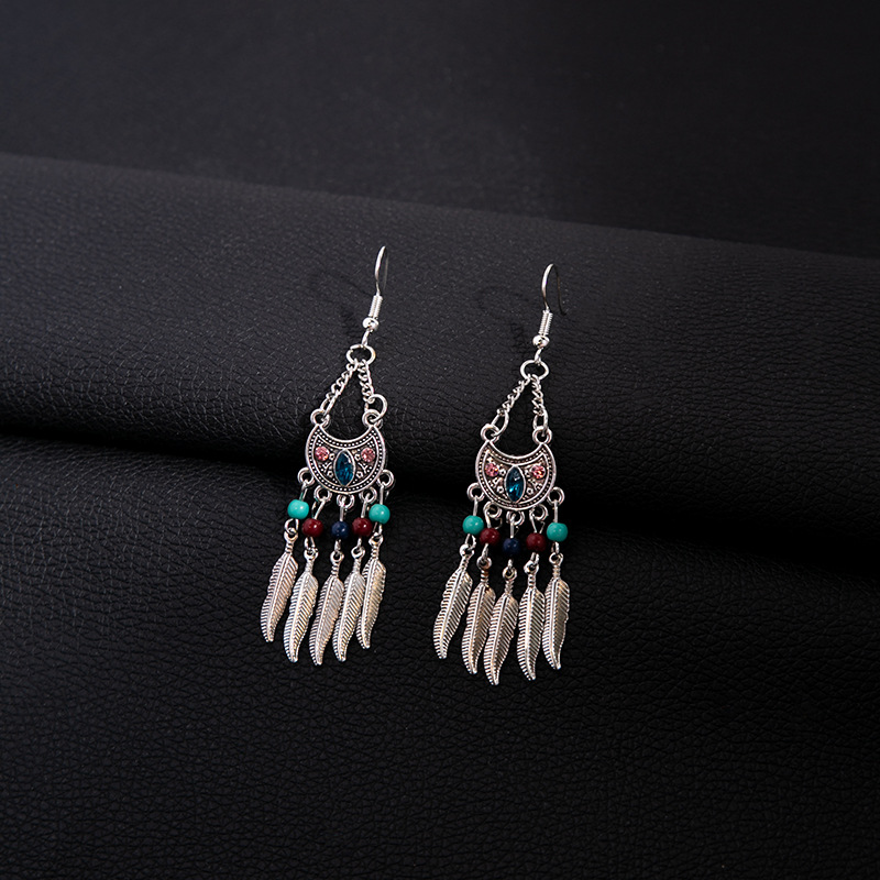 欧美波西米亚蓝松石民族风耳钉 仿苗银金属耳坠复古流苏耳饰批发详情21