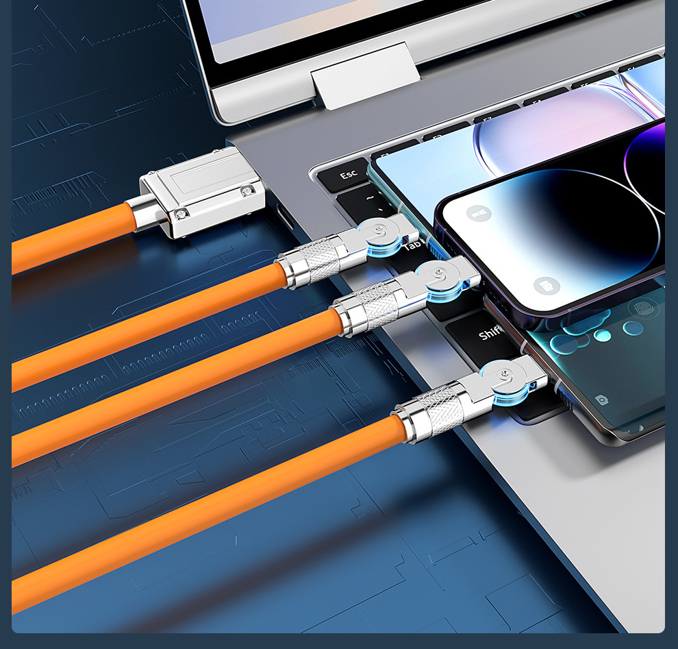 Free shipping 180° rotating machine one-to-three 120W super fast charging data cable, compatible with Apple and Huawei flash charging cables pic 24